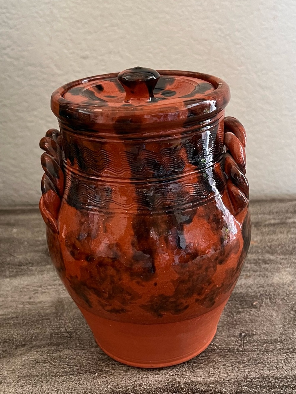 Vintage MEL Pottery: Redware Glazed
Crock Jar with Lid 7.5" Rope Twist, Stamped
